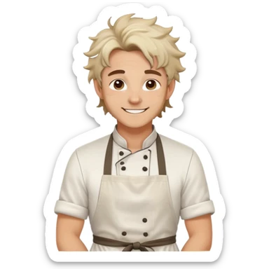 Attractive chef boyfriend with messy apron, tousled hair, playful smile. flour on cheeks, romantic sticker