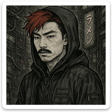 Asian man with black mustache, red hair, black hoodie, Japanese manga style inspired by Ghost in the Shell, cyberpunk atmosphere, detailed linework, monochrome with subtle color accents sticker