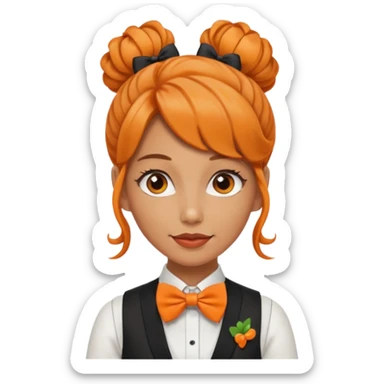 a bartender lady with bow tie and vest, having orange wavy bun hair















 sticker