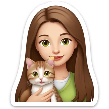 Woman with super long straight brown hair, rosy lips, chartreuse eyes, cute happy smile holding a white and brown tabby kitten sticker