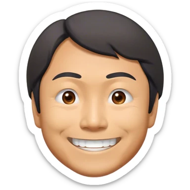 ​Cinematic Realistic Portrait of a Smiling Shigeru Miyamoto, depicted with warm, approachable features, showing a giant smile with expressive eyes, set against a subtle backdrop, inviting lighting that captures his innovative spirit sticker
