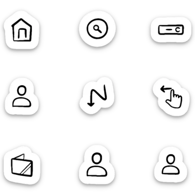 Website icon set with home icon, search icon, menu icon, profile icon, and settings icon sticker