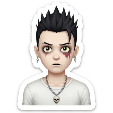 zombie boy with spiky emo black hair and white shirt , tattos, a risk on the eyebrow, earings,  a necklace emoji sticker