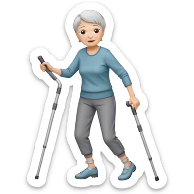 elderly woman with pants, short grey hair, and dancing with crutches                    and with a sorry look sticker