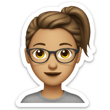 brown haired girl with ponytail wears glasses and wears a gray t-shirt sticker