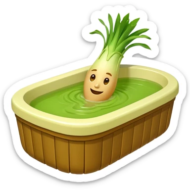 Create a 3D emoji of a relaxed leek in a jacuzzi filled with a slightly lumpy, yellowish-brown sauce sticker