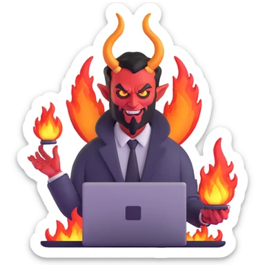 sinister demon salesman with laptop and fire effects sticker