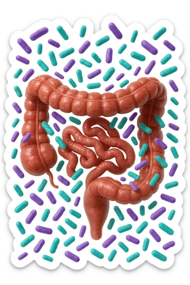 intestino umano anatomico realistico pieno di batteri intestinali viola e turchesi che gli fluttuano intorno, IPERREALISTICA 4K sticker