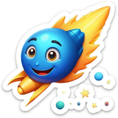 A comet with a smiling face and large, expressive eyes (but not too big). The style is comic-like, with bright colors and clean, bold lines. The comet is flying through outer space, leaving a glowing, colorful trail behind. The overall look is cartoonish, cheerful, and friendly sticker