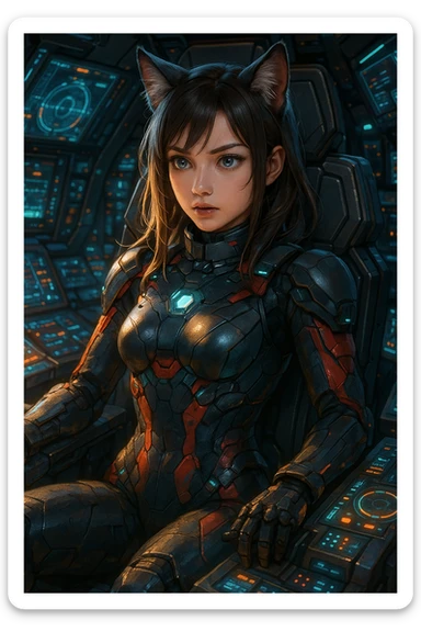 realistic anime catgirl in a sci-fi pilot suit, cockpit background, determined look sticker