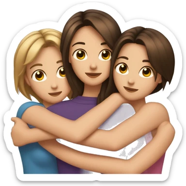 Three brunette best friends hugging one with short hair two with long hair girs sticker