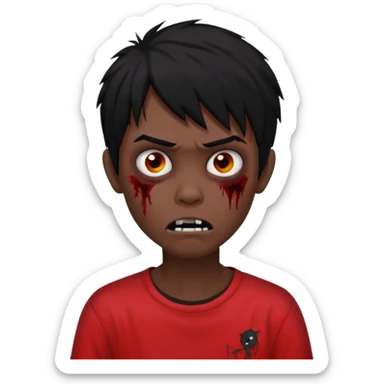 Boy, zombie, black hair, medium long, emo, shaggy, dark, spooky, creepy expression, red shirt. sticker
