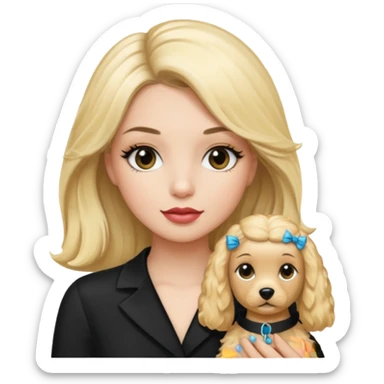 Make a girl with long black silky  hair holding a cockapoo make the cockapoo blonde Make thr girl have mascara and lipgloss on sticker