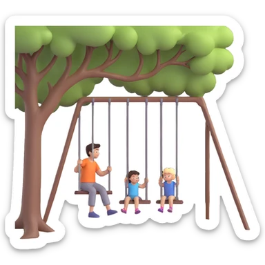 A person pushing a swing with a child sitting on it, outdoors, under a tree, in daylight. The swing is moving back and forth. Focus on the motion of swinging and the person gently pushing it sticker
