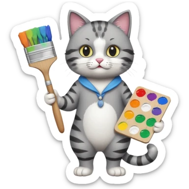 A full body cat holding brushes and a colour pallete because he is an artist sticker