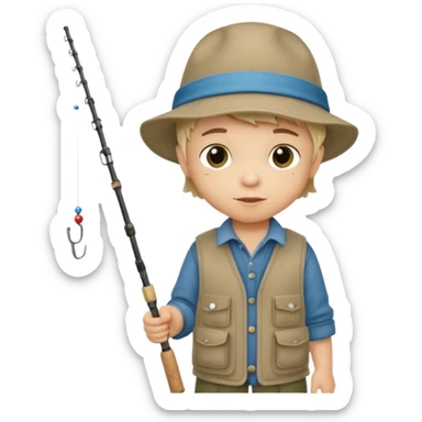 Little boy on the dock fishing, felt texture, scrapbooking, precious moments style character sticker