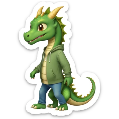 friendly anthropomorphised green dragon in a hoodie and jeans walking upright sticker
