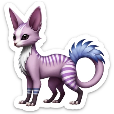 Furry, fluffy feathery scaly, Purple, white, black, Minccino-Sphynx-Lykoi-Linoone-Zangoose-fusion-hybrid-animal-Fakémon-creature, full body, thin long sleek scaly tail, intricate markings sticker