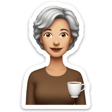 Middle aged woman with brunette pixi cut drinking tea sticker