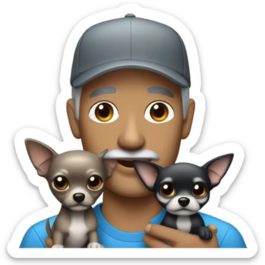 blue eyed man, with grey hair and grey goatee, wearing ball cap, holding long hair black chihuahua sticker