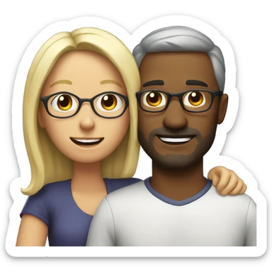 40 year old man with blond hair and glasses hugs a 40 year old woman with dark brown half long hair sticker