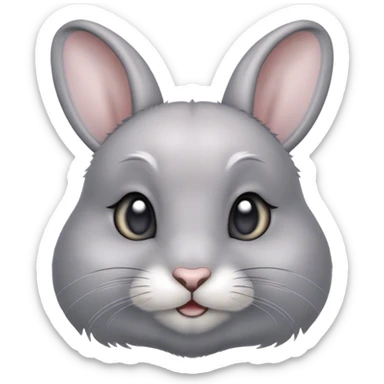Cinematic Cute Grey Rabbit Portrait Emoji, Head tilted playfully and inquisitively, featuring a silky, smooth grey fur with soft, velvety textures, round, sparkling grey eyes filled with curiosity, Simplified yet irresistibly adorable features, highly detailed, glowing with a warm, friendly glow, high shine, affectionate and gentle, stylized with a touch of whimsy, bright and endearing, soft glowing outline, capturing the essence of a mischievous yet loving bunny, so playful it feels like it could hop out of the screen and into your arms! sticker