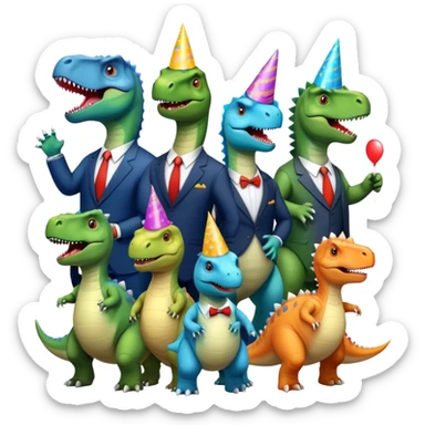 different office dinosaurs in office suits celebrating birthday sticker