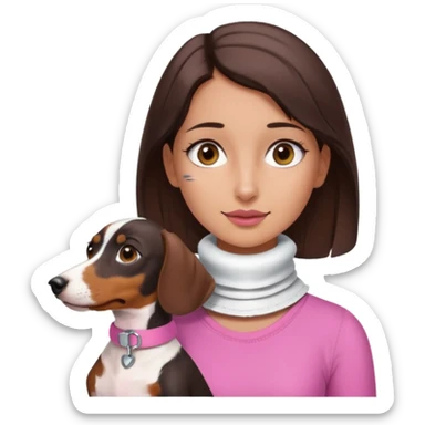 a brunette girl, olive skin, hazel eyes, pink top, neck brace on her neck because she’s injured , piebald dachshund next to her only brown and white sticker