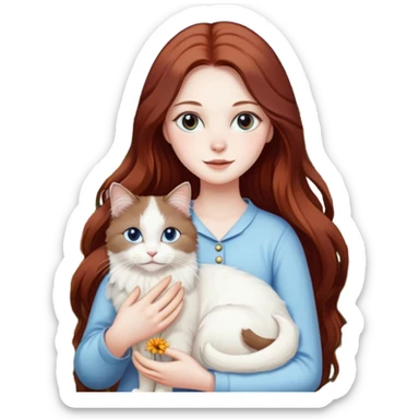 A woman with long dark auburn hair holding a white ragdoll cat in a garden full of flowers sticker