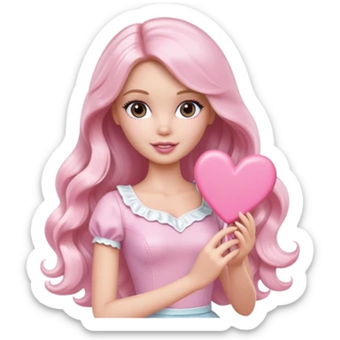 White Barbie girl with long wavy dark brown hair holding pale pink heart  sticker