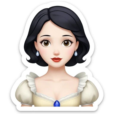 Cinematic Radiant Snow White Portrait Emoji, rendered in a realistic, vector style with clean proportions. Show Snow White with a soft, welcoming smile, delicate porcelain skin, and neatly arranged raven hair, wearing her timeless dress. The image radiates a warm, inviting glow, high shine, and is enhanced by a soft glowing outline that accentuates her gentle beauty. sticker