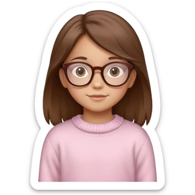 A tall 10 year old girl with brown hair brown glasses, honey brown eyes and a fuzzy light pink sweater. sticker