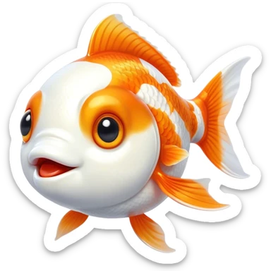 Cinematic Cute Orange and White Goldfish Portrait Emoji, Head tilted playfully and inquisitively, featuring a glossy, vibrant body adorned with a striking mix of orange and white, round, sparkling golden eyes filled with curiosity, Simplified yet irresistibly adorable features, highly detailed, glowing with a warm, friendly glow, high shine, affectionate and lively, stylized with a touch of whimsy, bright and endearing, soft glowing outline, capturing the essence of a mischievous yet loving goldfish, so playful it feels like it could swim out of the screen and into your heart! sticker