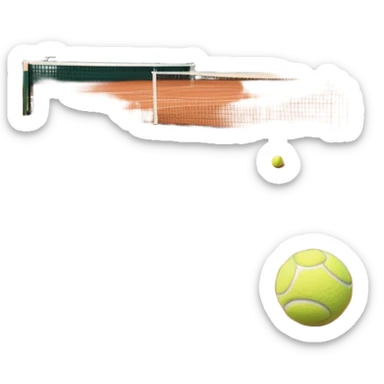 A tennis court at the Roland Garros tournament, with the iconic clay surface and a tennis ball bouncing near the net. The scene evokes the energy and excitement of the grand event, with vibrant crowds in the stands and a competitive atmosphere. sticker