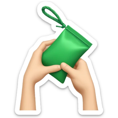 hand holding up a green pouch that is tied with brown string sticker