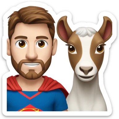 Messi with a goat, redish brownish hair redish beard, blue eyes, dressed as superman sticker