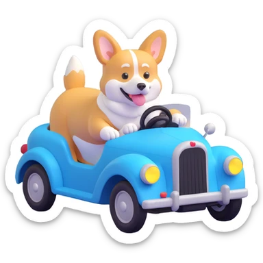 a happy corgi driving a small car sticker
