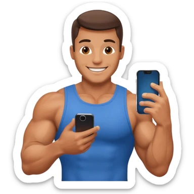 Mec musclé avec un téléphone dans les mains qui navigue sur so téléphone qui sourit sticker