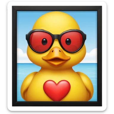 Make a frame emoji and inside it is a  yellow duck wearing red heart sunnies and the background is sky or anything blue make it like this 🌇 but what I described inside  sticker