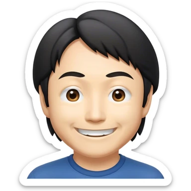 ​Cinematic Realistic Portrait of a Smiling Shigeru Miyamoto, depicted with warm, approachable features, showing a giant smile with expressive eyes, set against a subtle backdrop, inviting lighting that captures his innovative spirit sticker