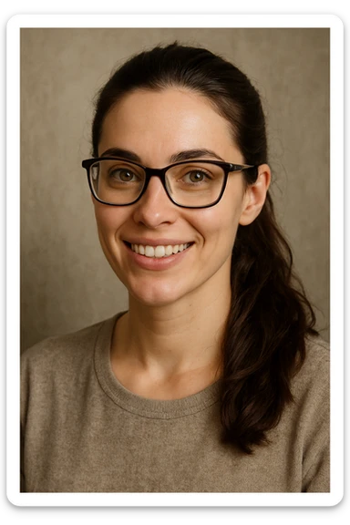 upper body portrait of a woman with long pulled back dark brown hair, hazel eyes, and glasses, smiling sticker