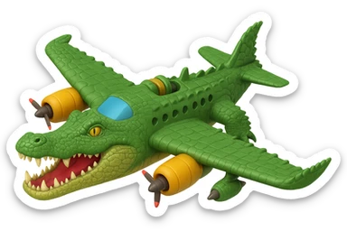 Make the war plane and crocodile fusion much more crocodile-like, emphasizing crocodile features such as the head, scales, teeth, and tail, while keeping the original 3D cartoon style. Maintain a transparent background. sticker
