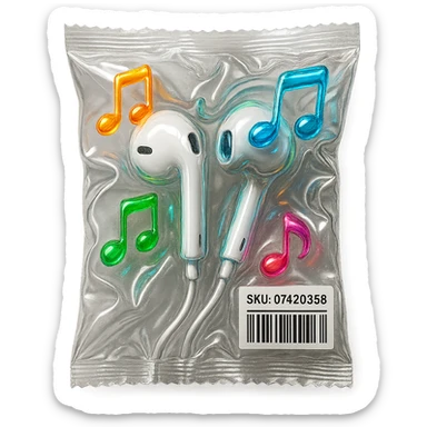 pair of white EarPods with floating multicolored glassy music notes around, shiny and inflated sticker