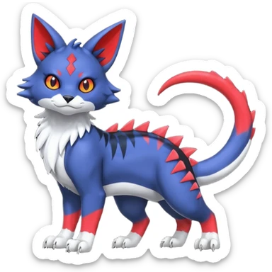 midnight blue-gray-black, with red markings, white belly, scaley scaly batty feline-like quadrupedal digitigrade furry feral Bastet-Noibat-Gatomon-Garchomp-Digimon-Fakémon-Pokémon-creature (full body) sticker