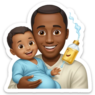 Sean “Diddy” Combs with baby oil and a very small infant and he’s pouring the baby oil on the infant that is laughing with a very exaggerated expression sticker
