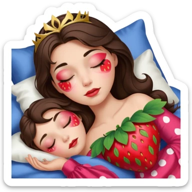 sleeping beauty brunette white girl with a silk pillow strawberry dress with her face painted strawberry sticker