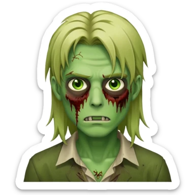 handsome male zombie with green skin, dirty blonde long anime-style hair, green eyes, iOS emoji style sticker