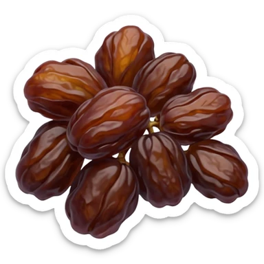 raisins, dried, small cluster or handful, deep brown to purplish, wrinkled, glossy, irregular shriveled, soft curves, subtle texture, no stems, no bowl, no garnish, soft lighting, transparent background, emoji scale sticker