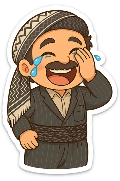 Cartoon sticker of a Kurdish man with the same clothes and scarf as the reference image, no changes to clothes or scarf, face with intense laughter and tears of joy, hand on face from laughing, colorful and cheerful, no text, suitable for WhatsApp and Instagram, transparent background. sticker
