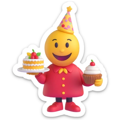 3D smiley emoji, round shape, grandparents in festive clothes with cake, yellow color, smiling face sticker